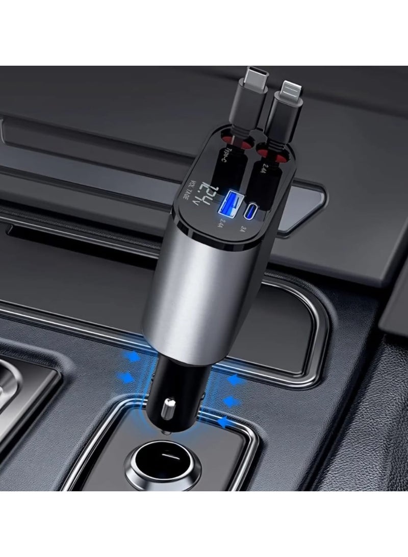 شاحن سيارة سريع 4 في 1 بسلك قابل للسحب مع شاشة عرض الجهد الرقمي - Image 1